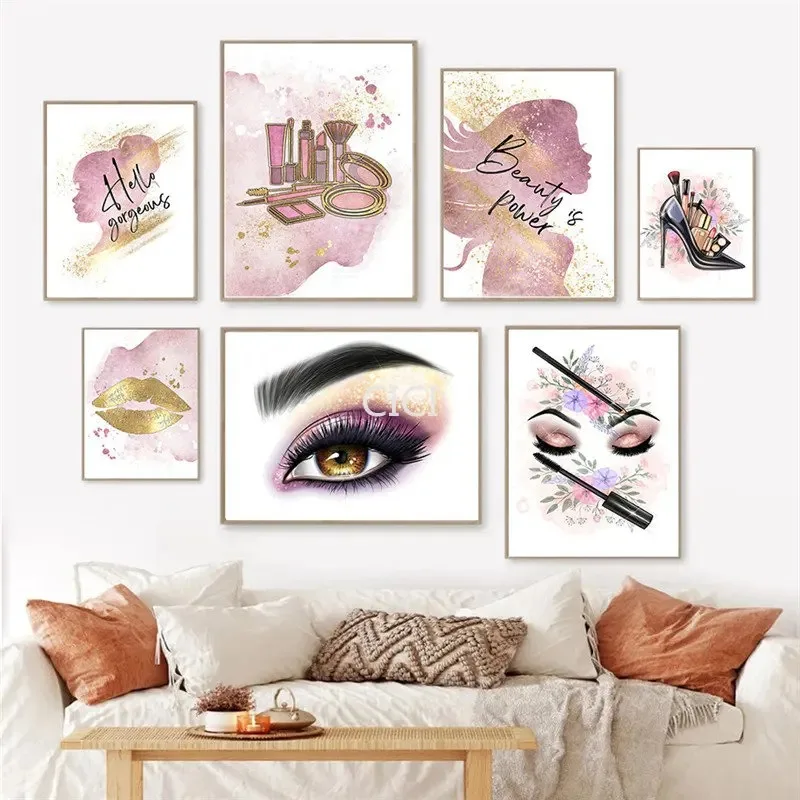 1Pcs Beauty Salon Wall Decororation Eyelash Brush Home Decor Makeup Art Mural Golden Lipstick Interior Paintings Canvas Painting