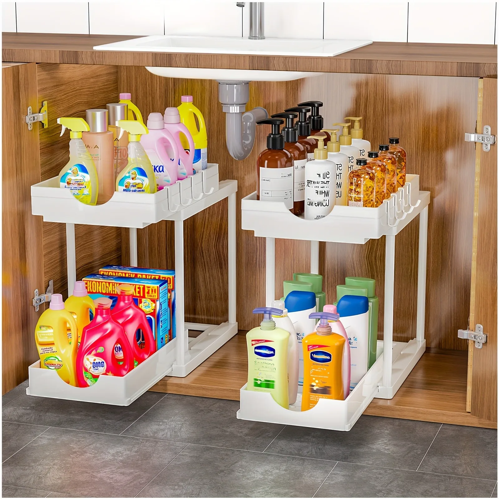 2 Tier Under Sink Organizer Sliding Cabinet Basket Organizer Drawer Under Sink Storage Rack with Hook Bathroom Kitchen Organizer