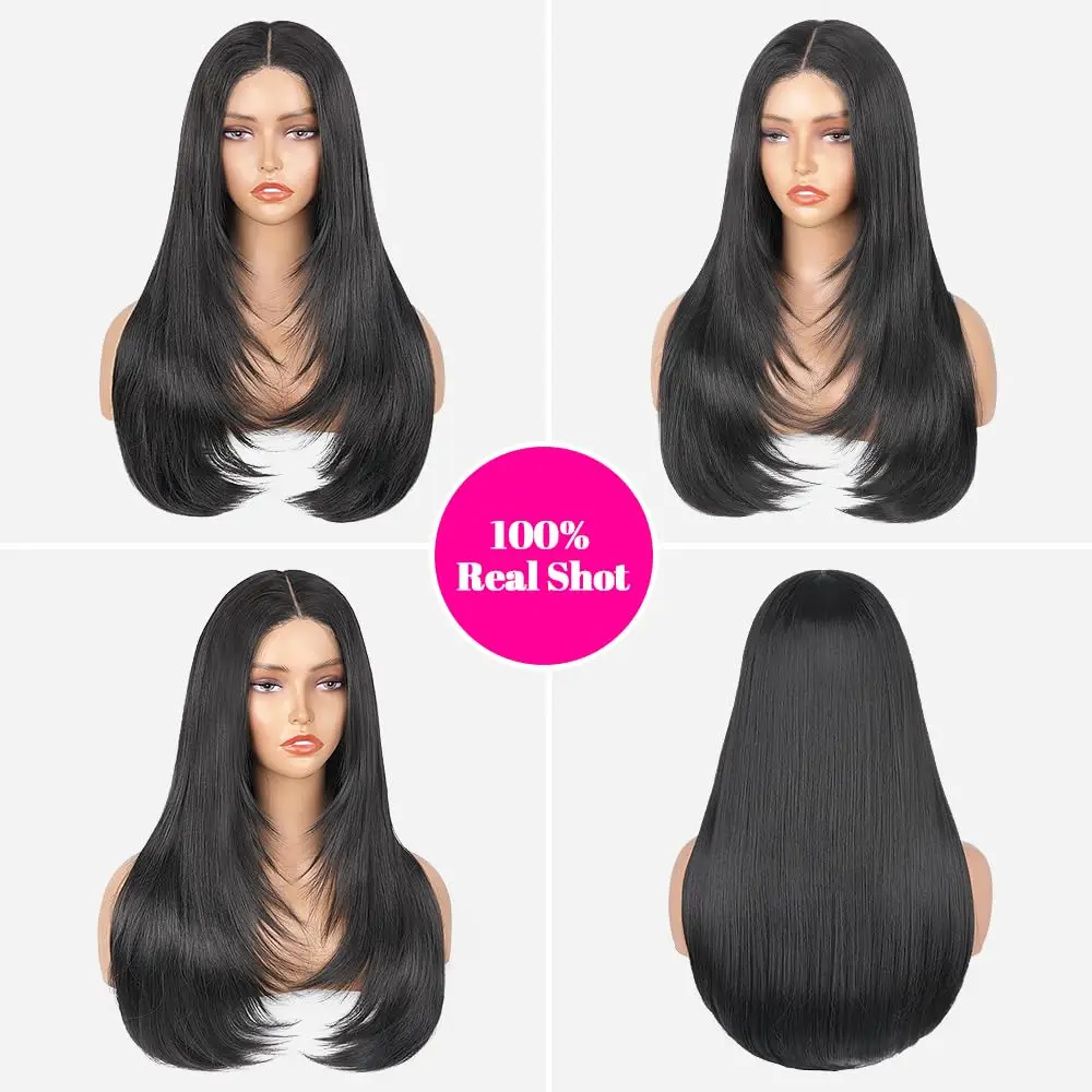 Layered Cut Straight Wigs Preplucked Wear Go Glueless 4X4 Lace Closure Wigs for Black Women Butterfly Haircut Synthetic Hair Wig