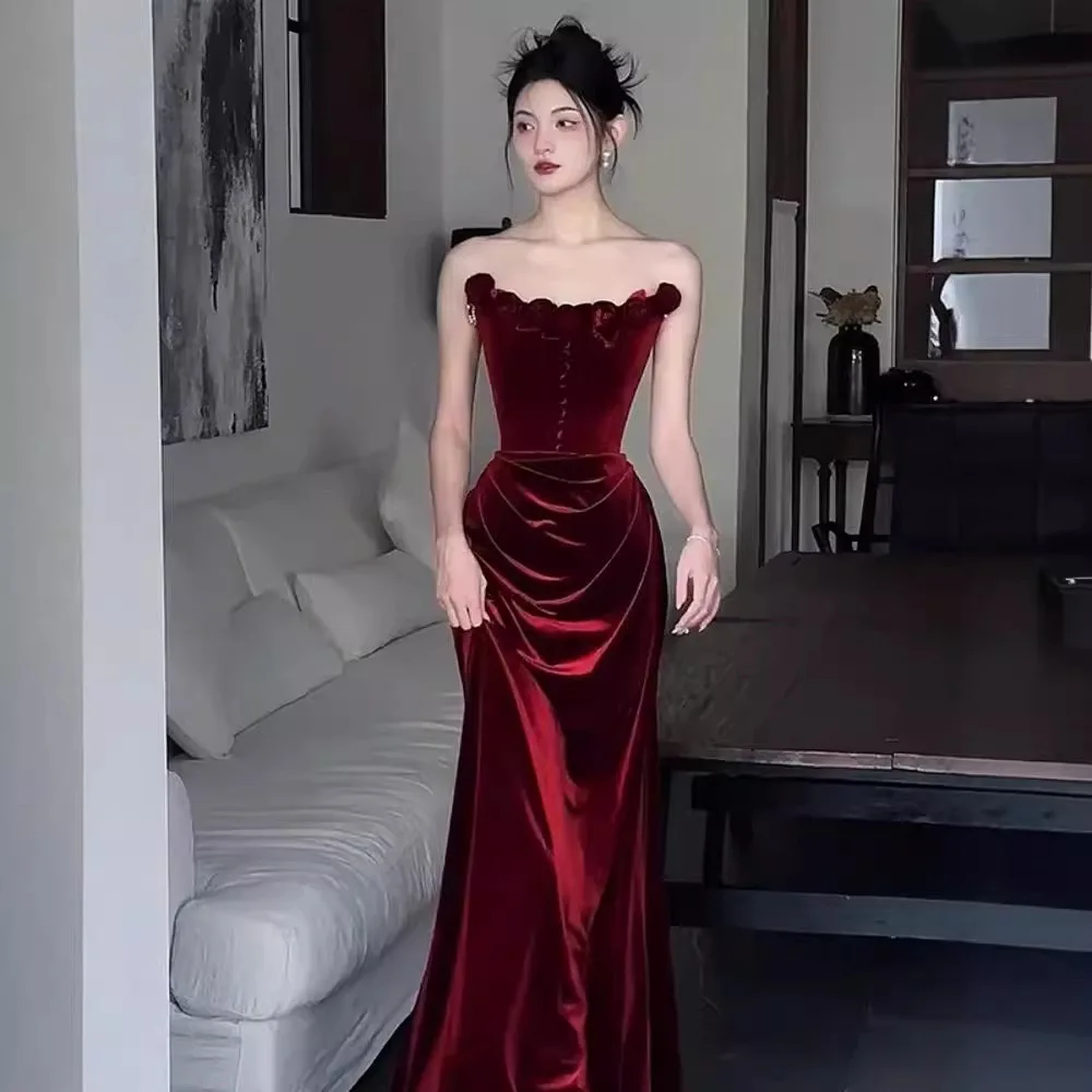 Women's toast dress tube top small train engagement dress tube top sexy fishtail evening dress