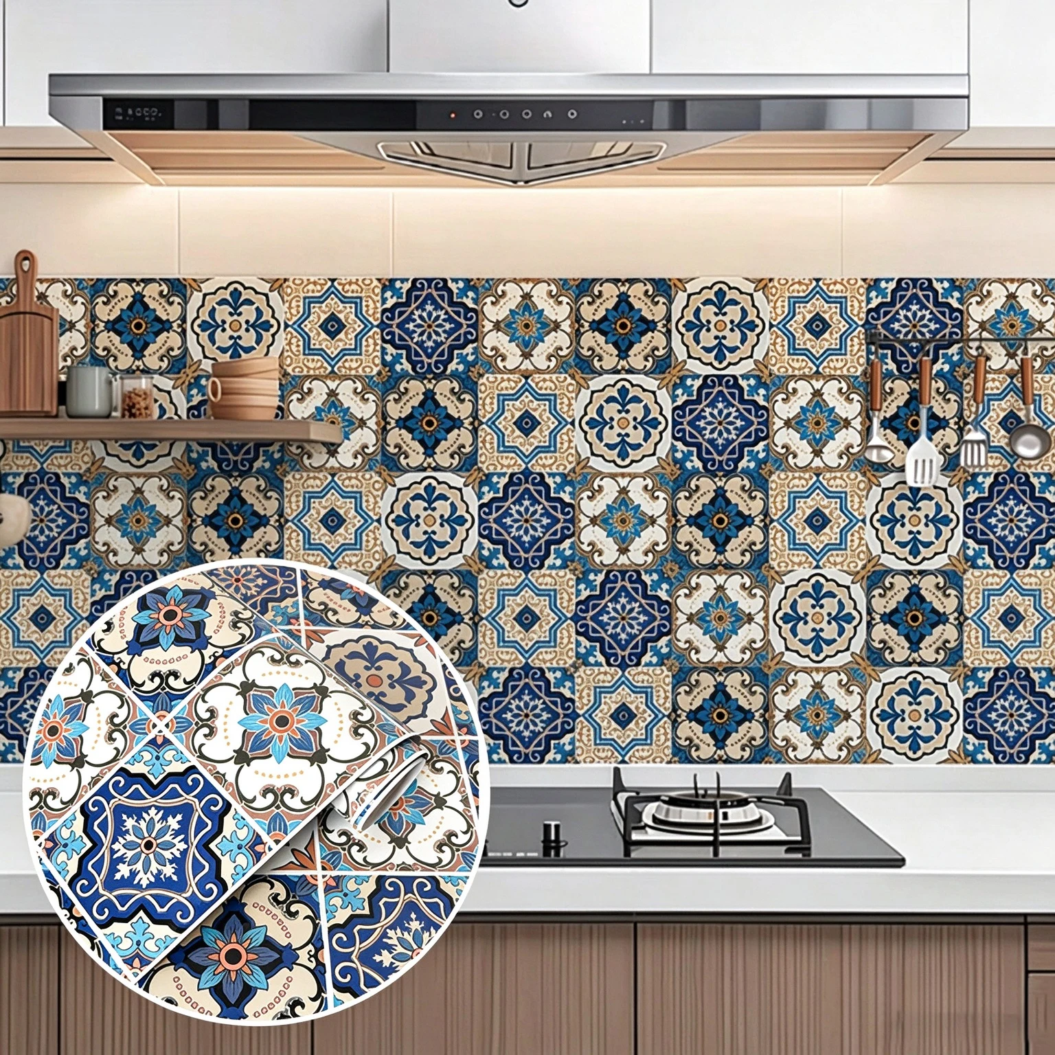 Retro-Style Oil-Proof Wall Sticker Featuring Heat-Resistant Scratch-Resistant And Easy-To-Clean Kaleidoscope Tile Pattern.