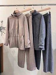 Mid season casual style wool hooded zippered two piece set