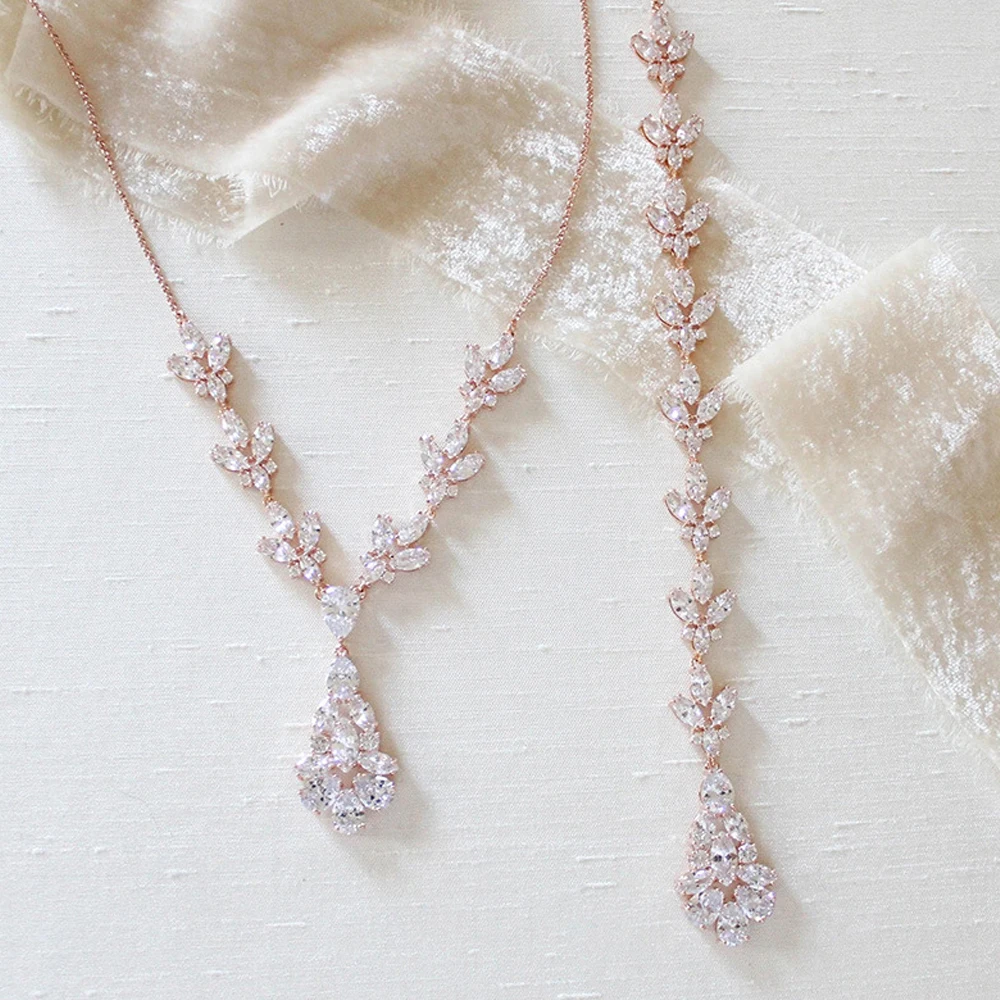 Elegant Zircon Leaf Back Chain Necklace Dress Wedding Accessories  High Quality CZ Long Pendant Bridal Back Chain Women Jewelry