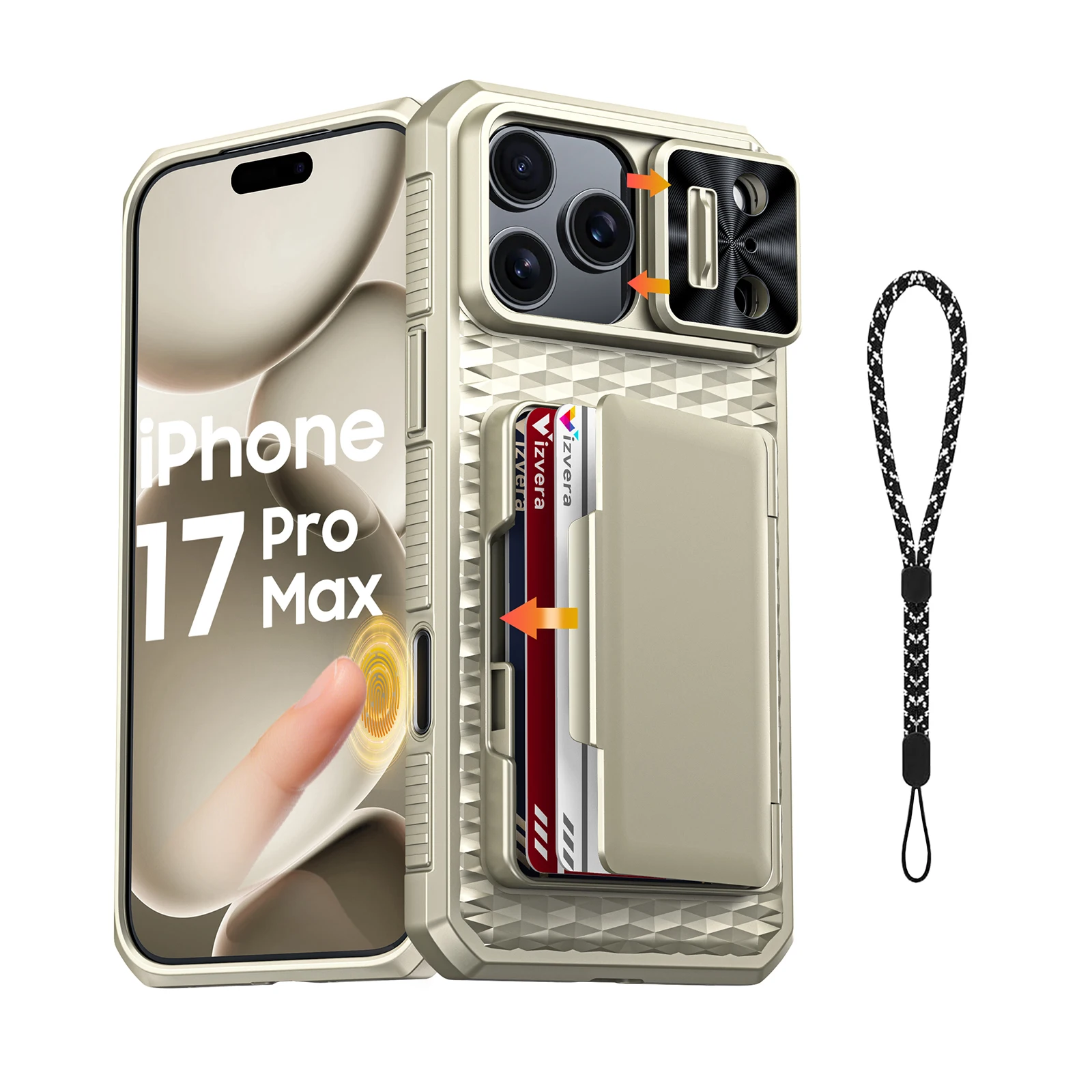 For iPhone 17 Pro Max With Card Holder Sliding Camera Cover And Stand Phone Case, Anti-Fall PC+TPU Wallet Case-Orange