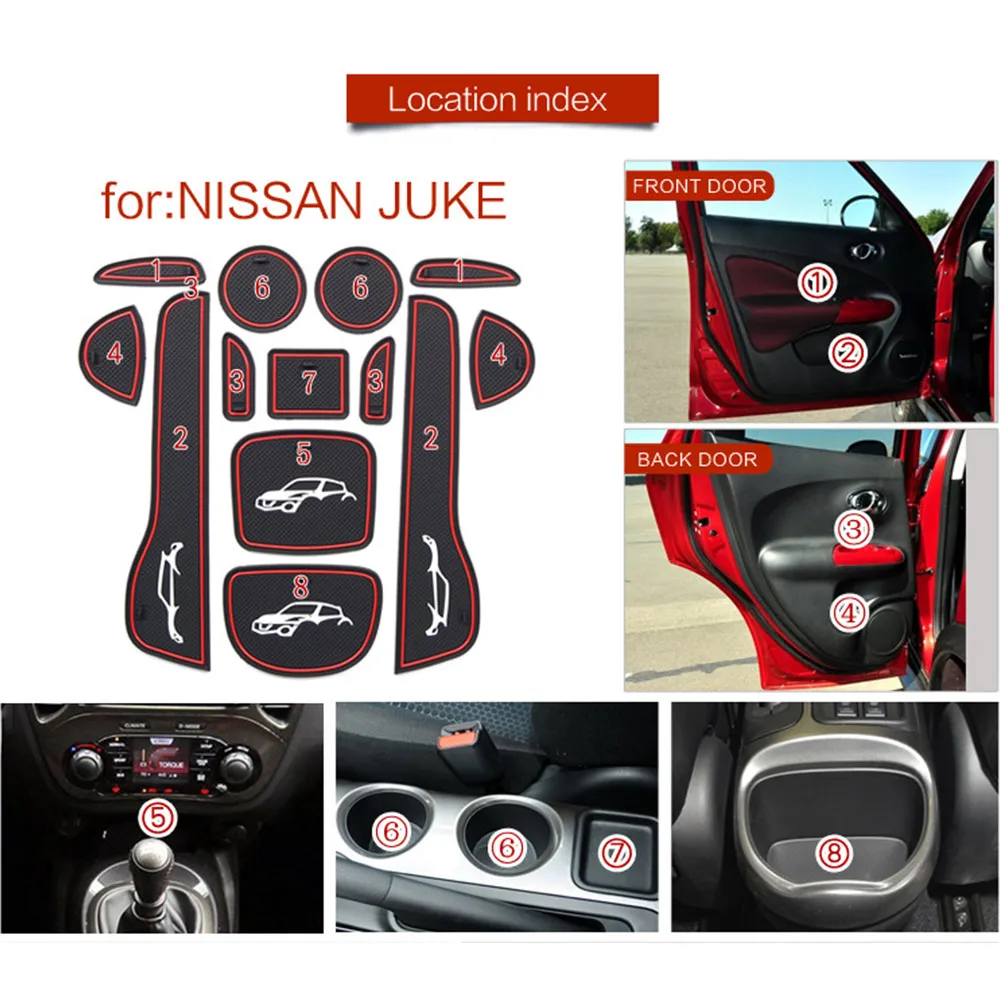 Rubber Door Groove Mat for Nissan Juke F15 Qazana 2011~2017 Cushion Gate Storage Slot Coaster Dust-proof Car Inner Sticker Auto