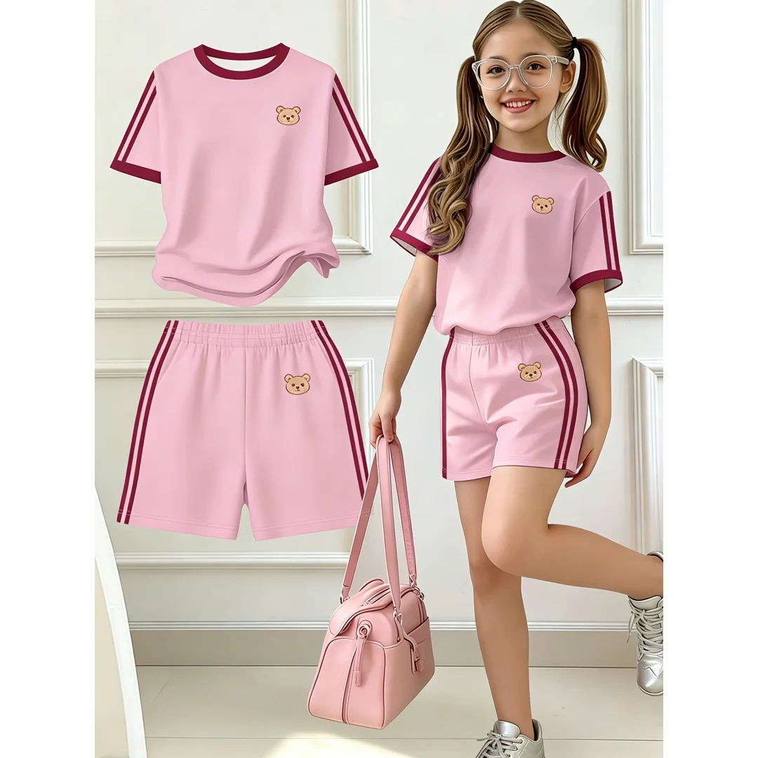 Kinder-Sommer-2-Teiler-Outfit: T-Shirt mit Schleifenstickerei und Streifenmuster, kurzen Ärmeln und Shorts mit elastischem Bund für Mädchen, Sport- und Freizeitkleidung für den Alltag. – Detail 6