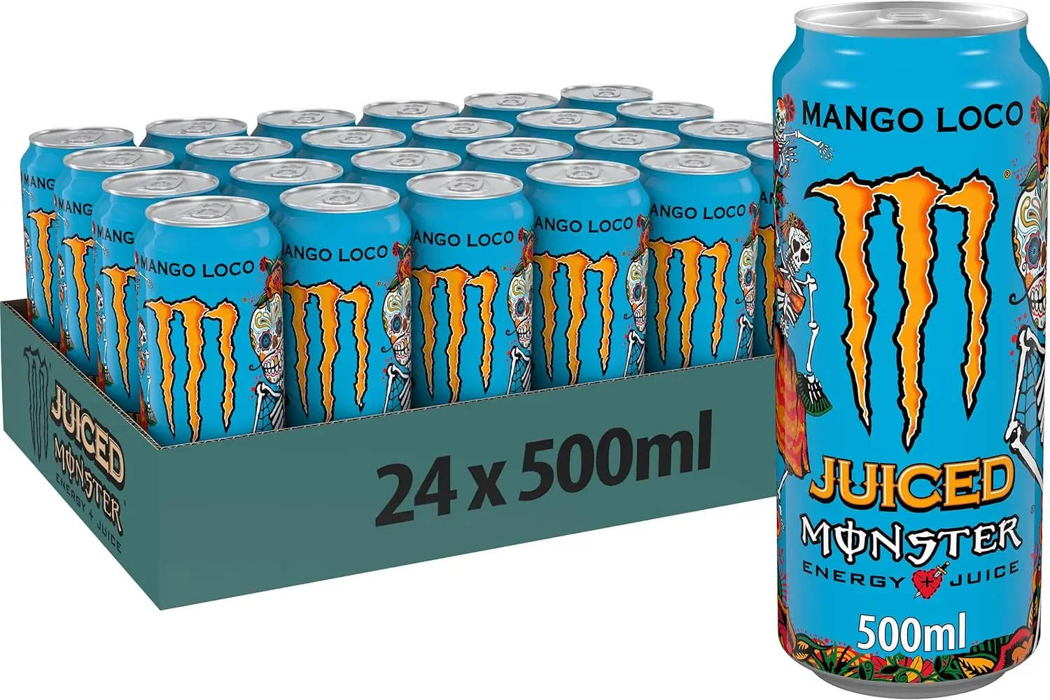 Monster Energy Mango Loco con zumo de mango, con ácido carbónico, paleta de bebidas energéticas 24 x 500 ml y adhesivo gratis