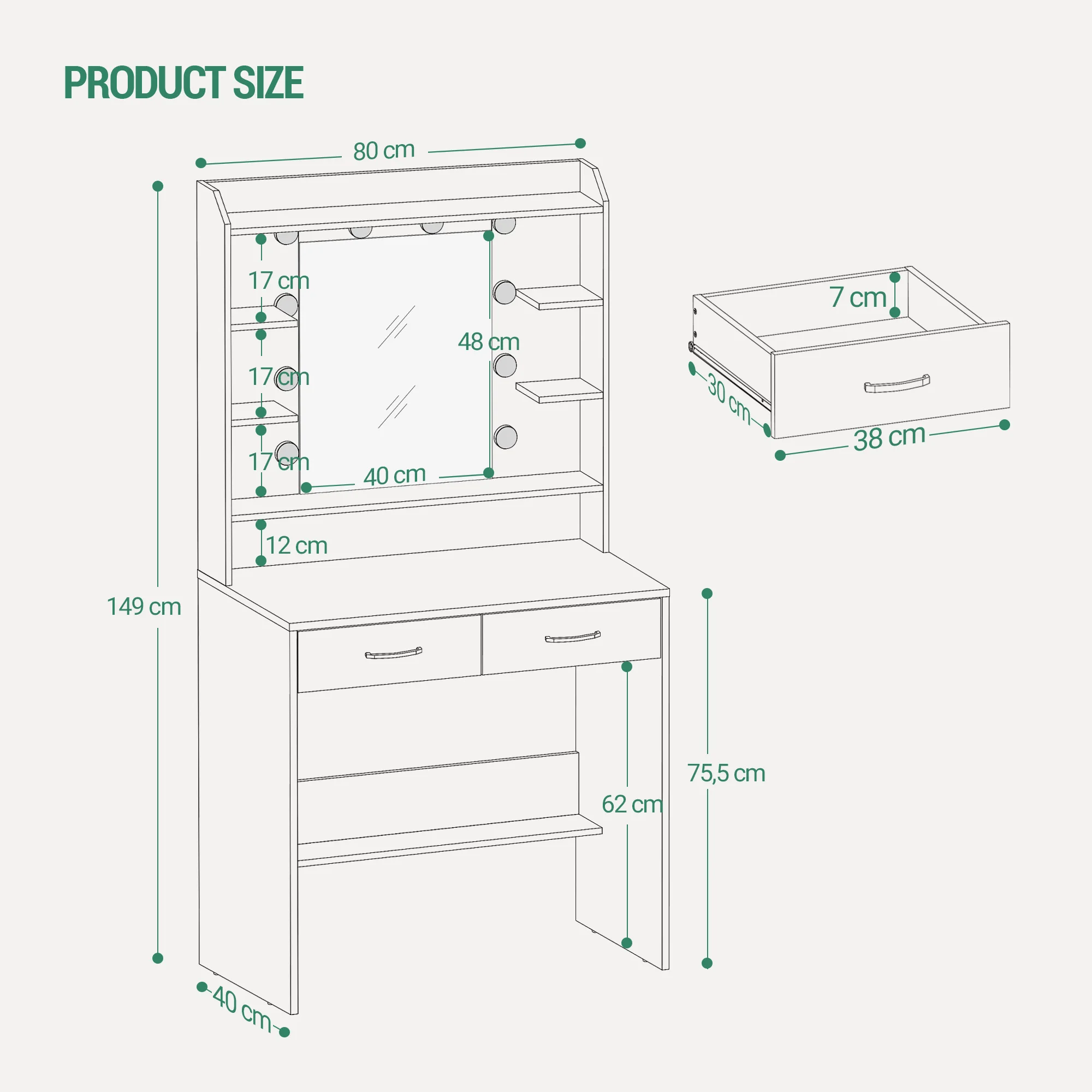 طاولة تزيين هزوانري مع مرآة، طاولة تزيين مع أرفف ودرجين لغرفة النوم وغرفة المعيشة، سطوع قابل للتعديل