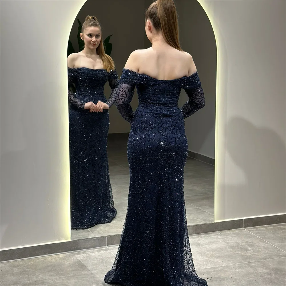 Customized Off Shoulder Beaded Sequined Lace Evening Dress Women Stunning Party Prom Gown With Sweep Train  2024 فساتين سهرة