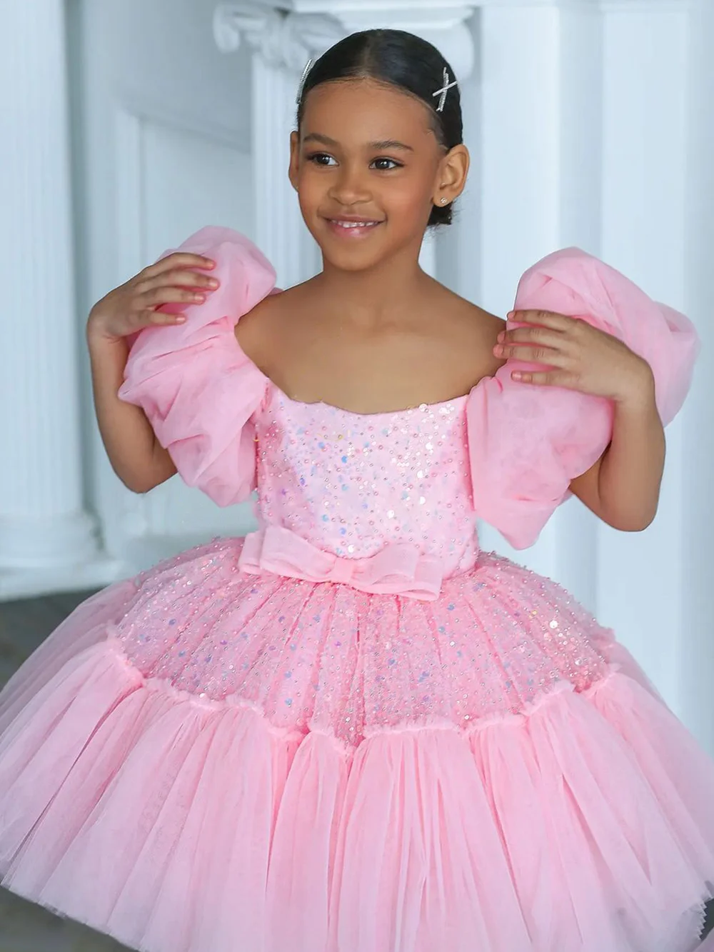 

Pink Sequined Flower Girl Dresses For Wedding Tulle Litter Kids Toddler Knee Length Pageant Gowns First Communion Dress