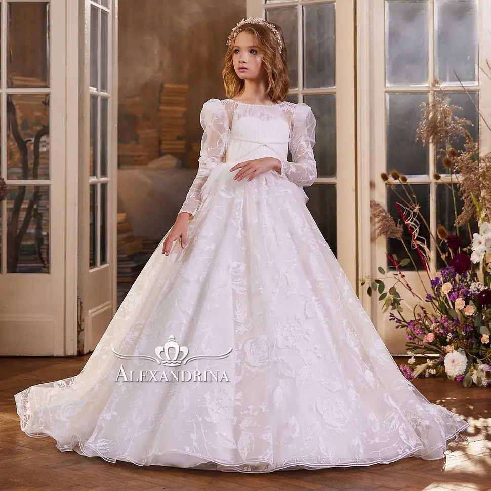 

Gorgeous Lace 2023 Flower Girls Dress for Wedding Evening Children Long Sleeve Baby Party Pageant Gowns Girl Birthday Dresses