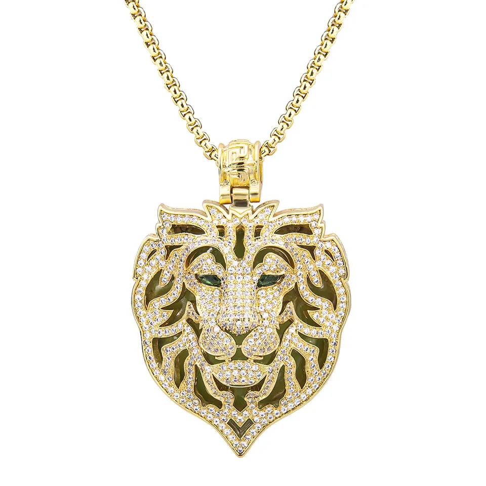 Hip-Hop Ice Out Zircon Green-Eyed Big Tiger Head Pendant Beast Animal Luminous Necklace Men Women Jewelry Gift