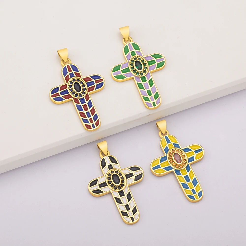 Fashion 5 Colors Cross Enamel Dripping Oil Pendant for Women Zircon Necklace for DIY Jewelry Making Gift Accessories Wholesale