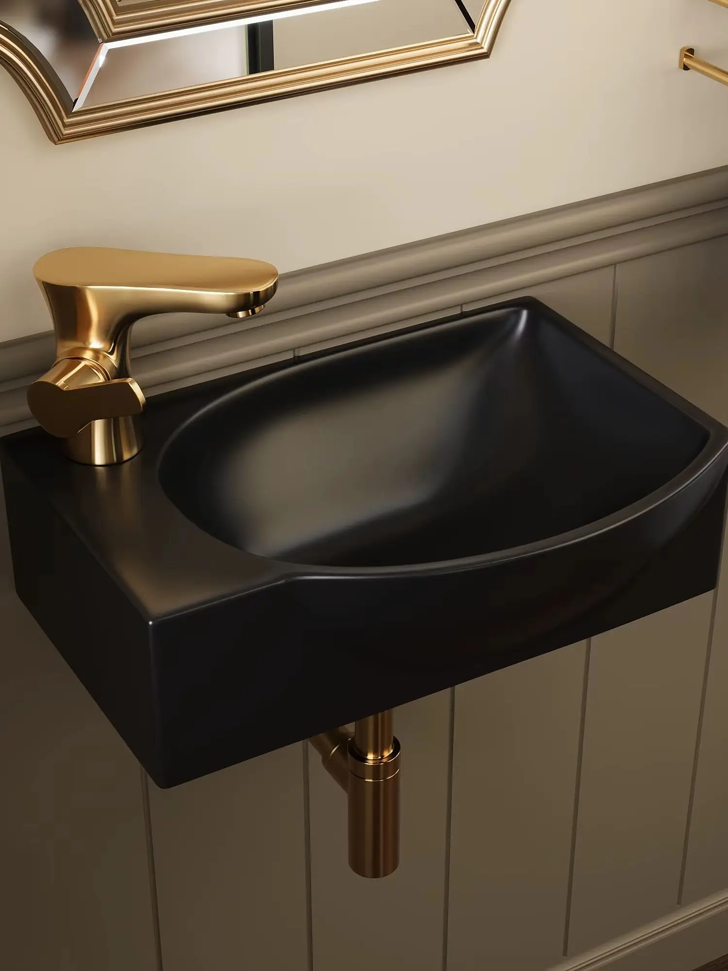 DeerValley Wall Mounted Basin, Black Wall Hung Bathroom Sink 40 X 28cm, Small Wash Basin with Left Tap Hole & Overflow, Compact Hand Wash Basin, Space