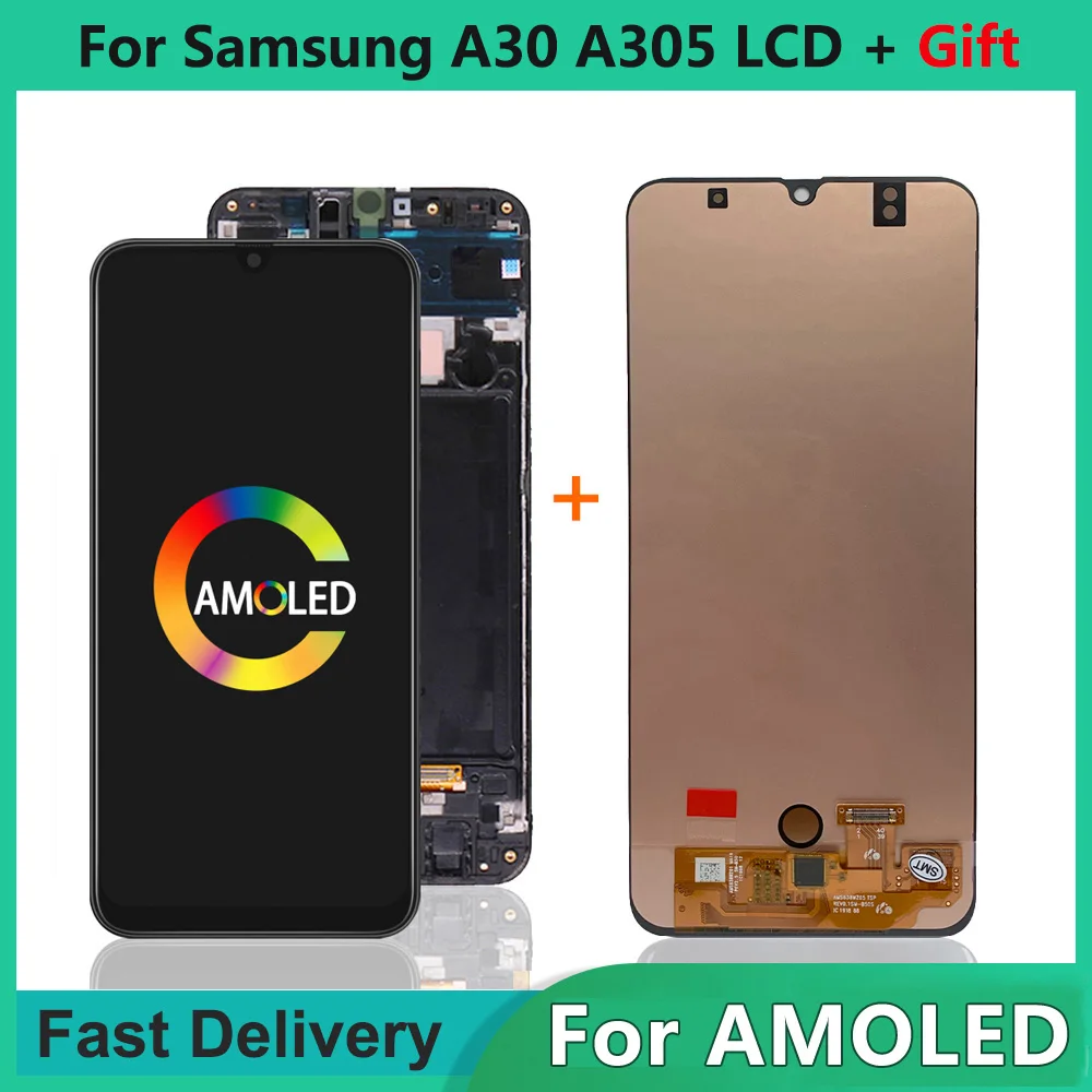 For AMOLED For Samsung A30 LCD Display Touch Screen With Frame Digitizer Assembly A305/DS A305FN A305G LCD