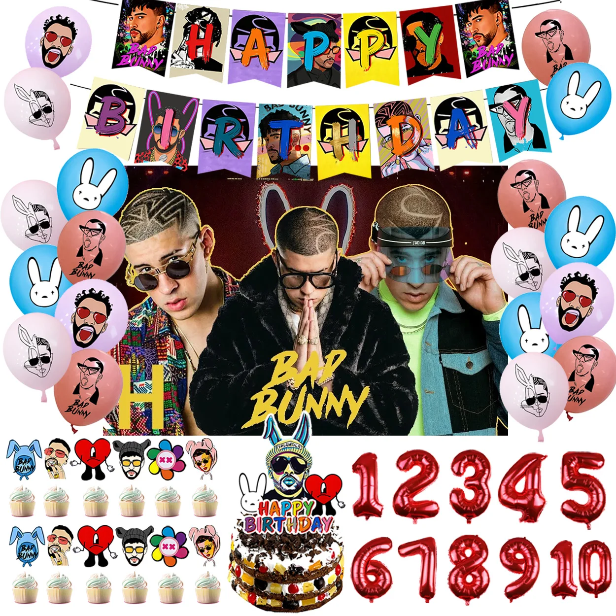 

Bad Bunny Birthday Party Decoration Background Balloon Cake Topper Banner Fan Support Club Banner Photography Props Kids Gift
