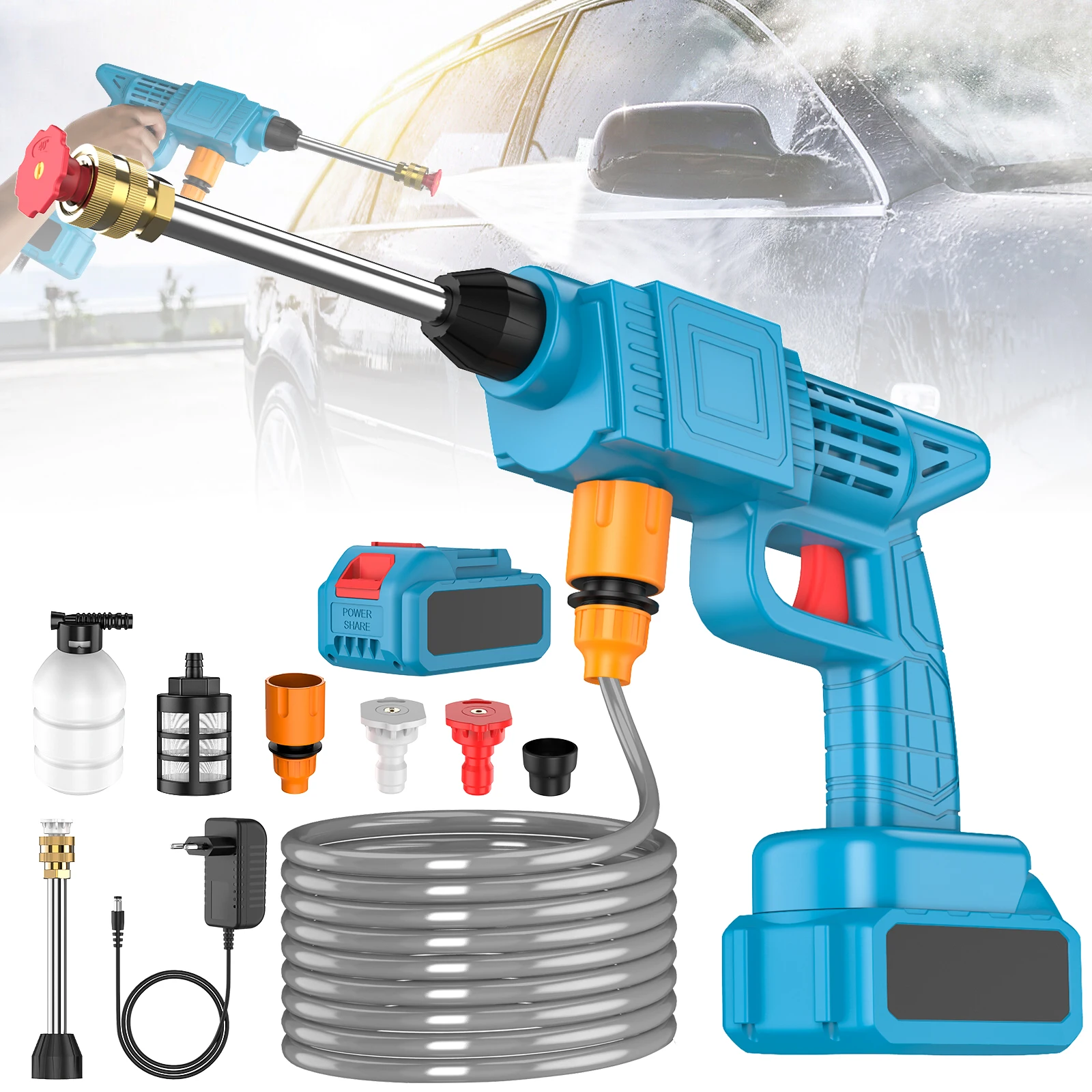Lavatrice ad alta pressione per autolavaggio Pistola pulita Lavatrice per auto a spruzzo elettrica portatile senza fili per lavaggio auto e giardino