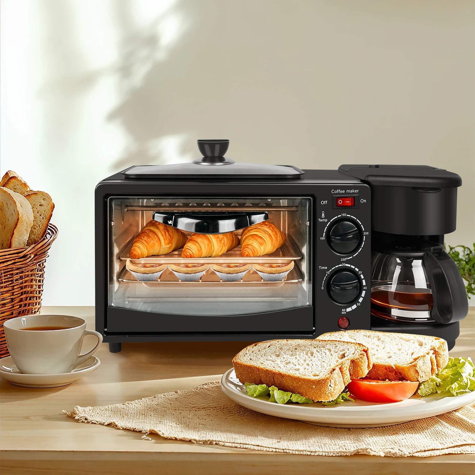 Estación de Desayuno Multifuncional 3 en 1 con Horno de 9L y Cafetera Aislada de 1 litro, Mini Cafetera de Goteo, Horno para Pan y Pizza, Sartén y Tostadora