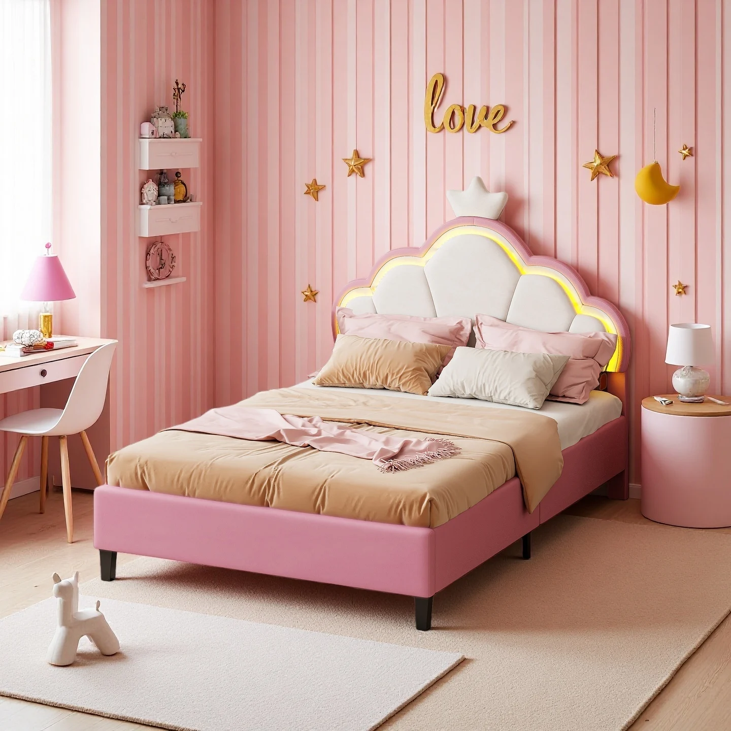 90 x letto per bambini cm con LED, letto principessa con testiera Crown, letto singolo imbottito, velluto rosa
