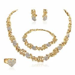 Women Gold Color Jewelry Set 18K Gold Plated Necklace Set Wedding Bridal Fashion Bear Necklace Earrings Ring Heart Shaped Gift