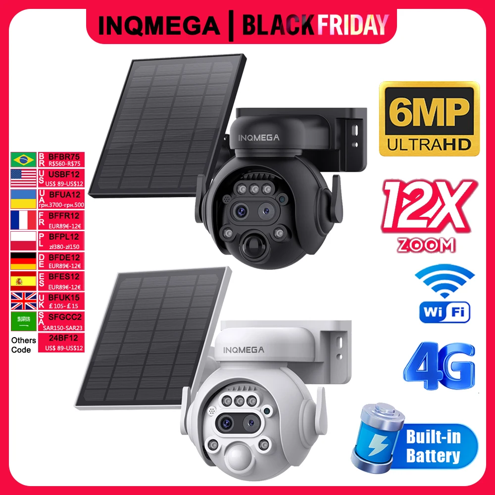 INQMEGA 6MP 12X Solar Camera Outdoor Security Camera 7800mAh Rechargeable Battery 5W Solar Panel PIR Human Detection PTZ Camera