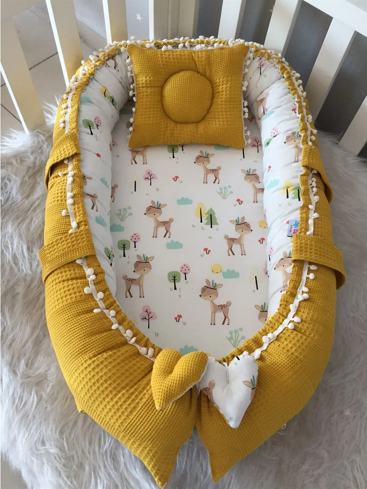 

Handmade Mustard Wafle Pique Fabric Ceylan Design with Pompom Babynest