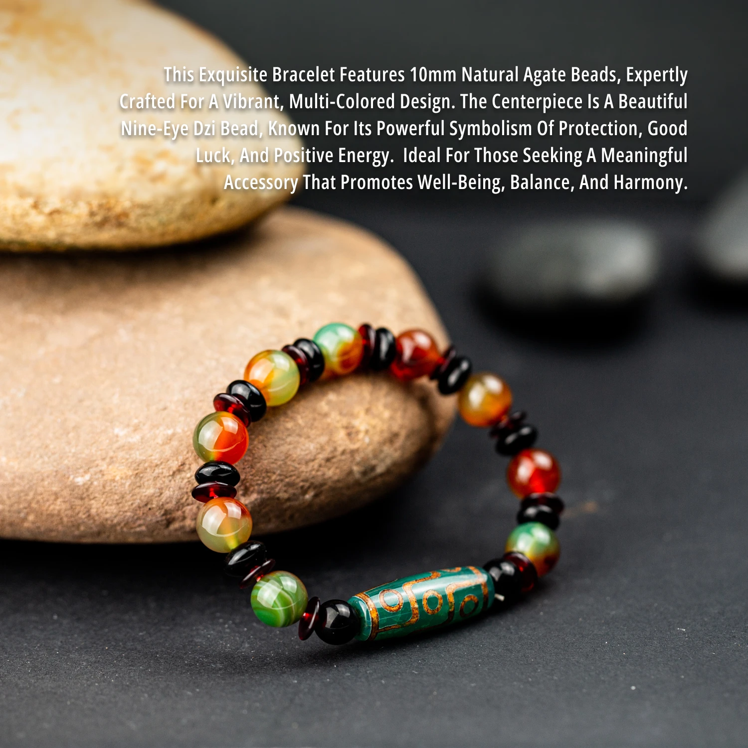 Natural Stone Bracelet 10mm Natural Agate Beads Bracelet with 9 Eye Dzi Bead Healing Stone Bracelet Best Gifts for Man Women