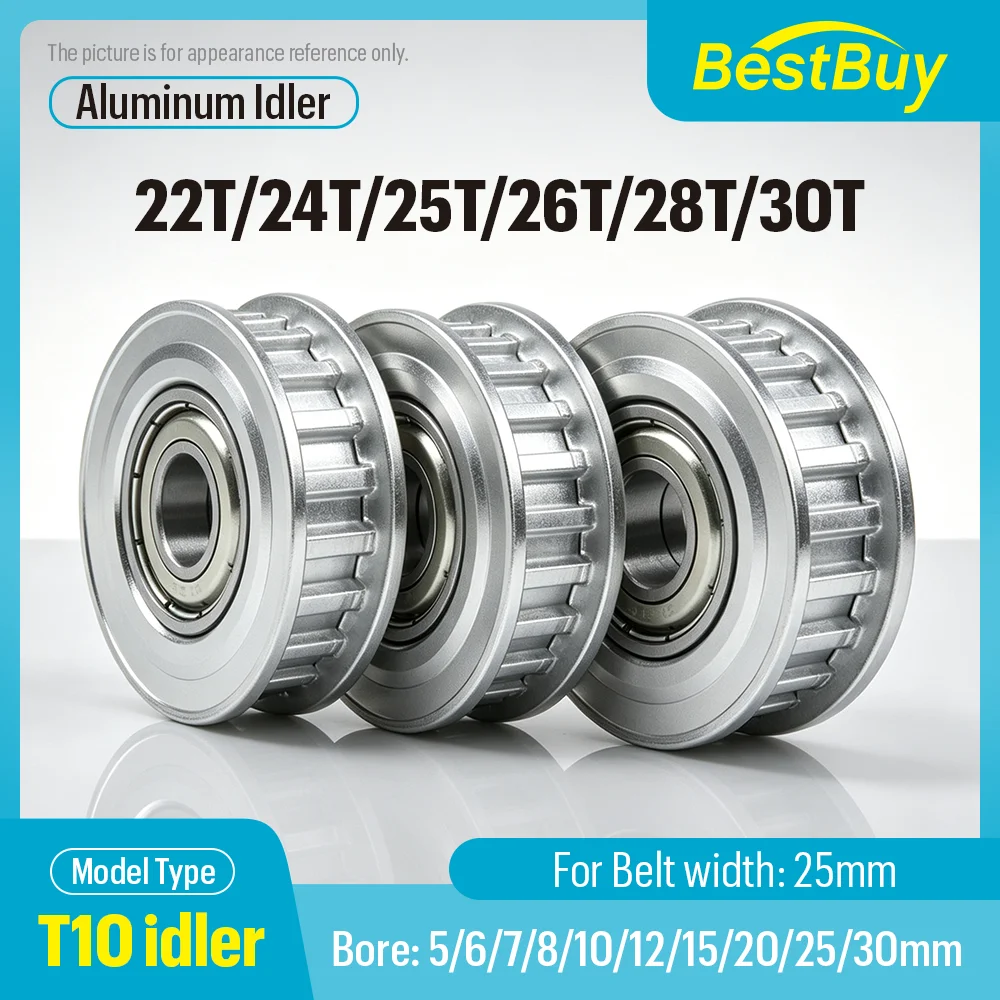 T10 Flanged Idler Pulley 22T 24T 25T 26T 28T 30T Aluminum Alloy Tension Wheel with Bearing for T10 Timing Belt