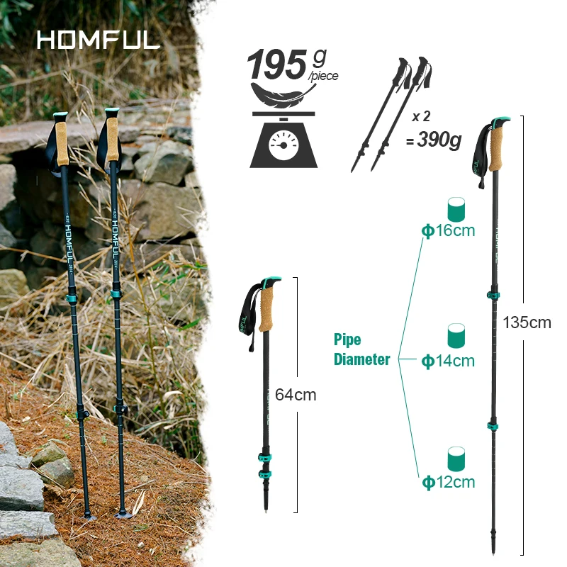 Homful Nordic Alpenstock Trekking Poles, bengalas ultraleves, carbono ajustável com bloqueio rápido, varas telescópicas premium, 195g por pc