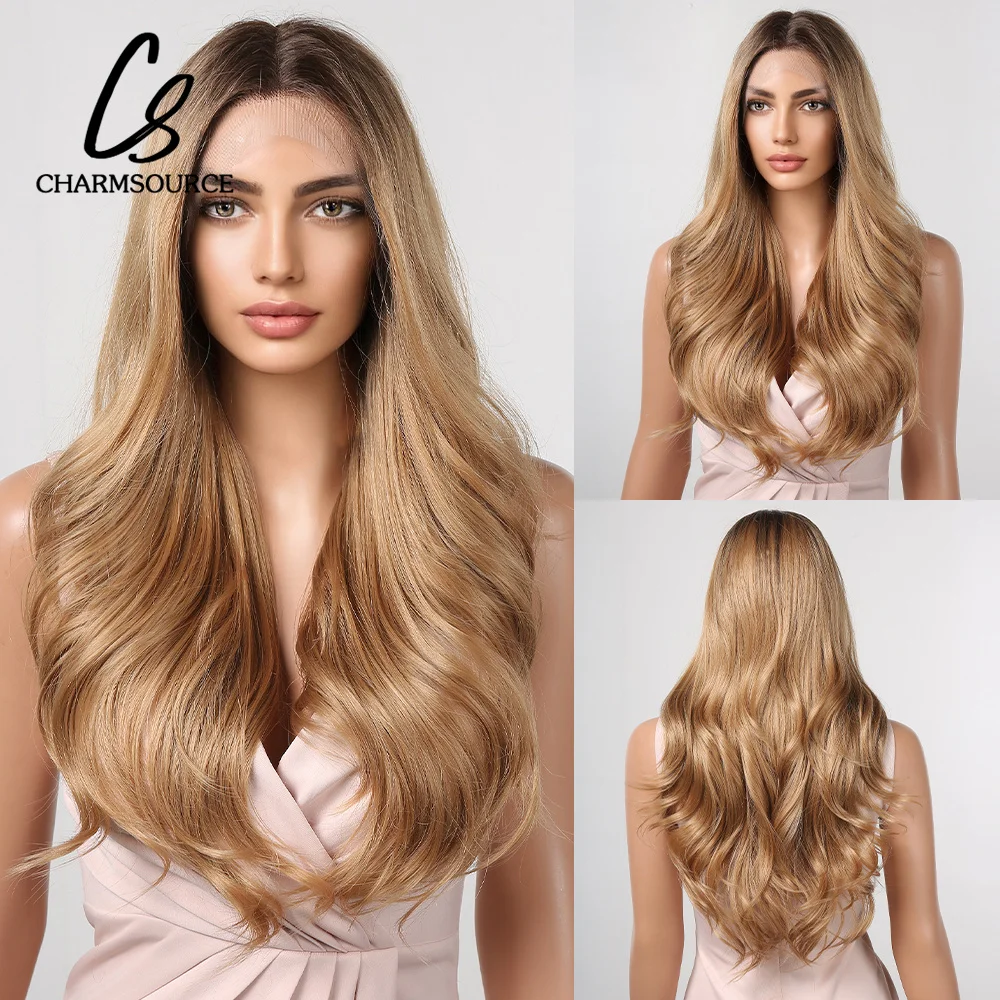 CharmSource Synthetic Lace Wig Brown Ombre Lace Front Wigs Long Wavy with Dark Root Wigs for Women Daily Cosplay