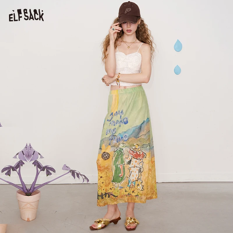 ELFSACK Artistic Oil Painting Mesh Skirt, Retro Pastoral Graphic Midi Skirt for Women, Kawaii Aesthetic Layered Long Bottom