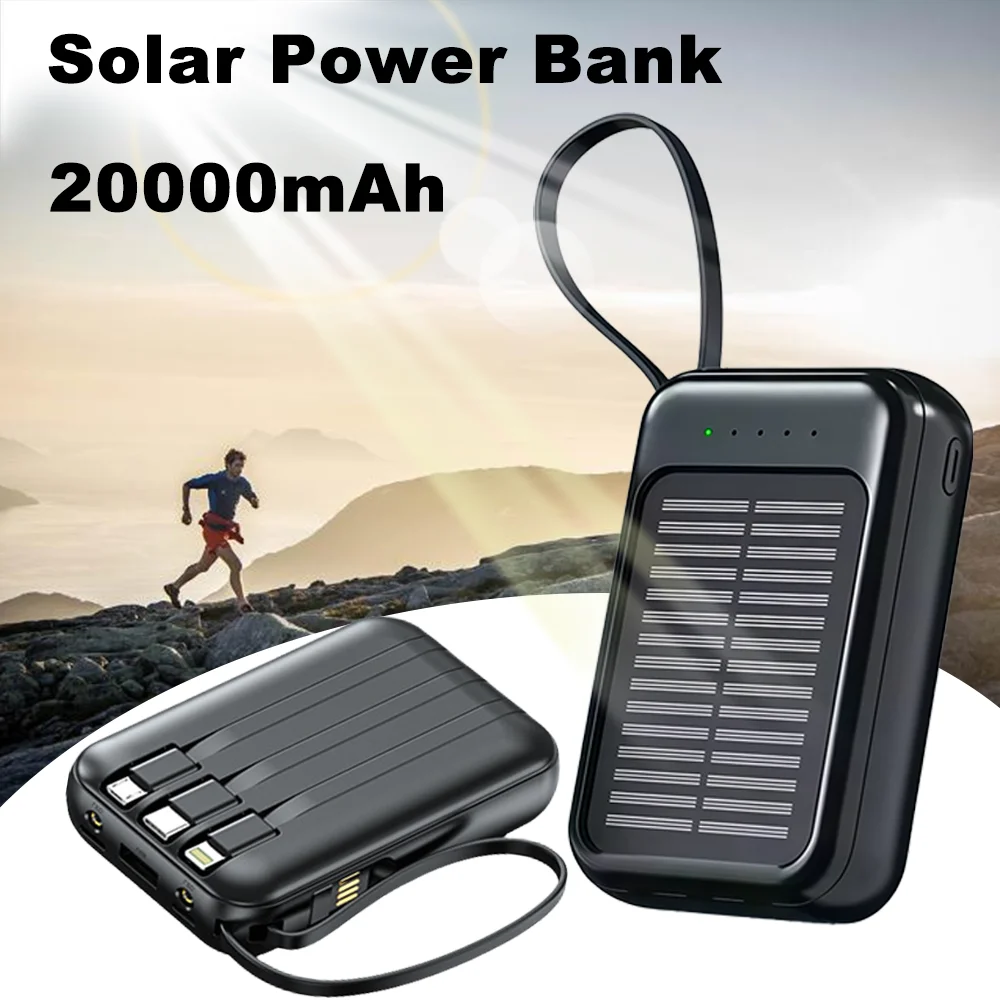 20000 mAh Mini-Solar-Powerbank mit integrierten 4 Kabeln, tragbarer externer Akku mit LED-Licht für Mobiltelefone