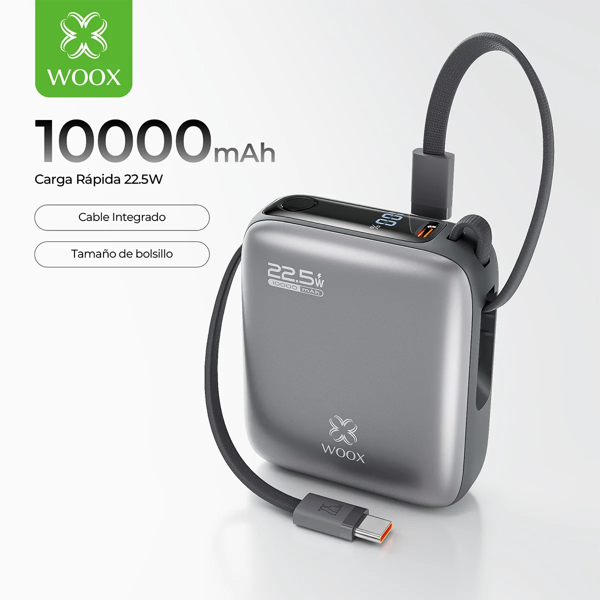 Woox Mx0249 Batteria Portatile 10000Mah con Cavo Integrato | Caricabatterie Power Bank 22,5W Ricarica Rapida | 3 uscite e 2 ingressi | Display digitale a LED | Cavo intrecciato |
