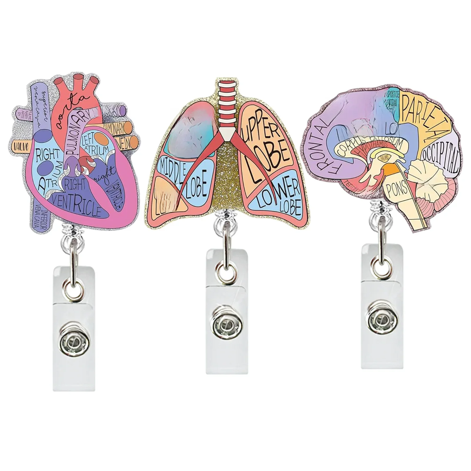 Porte-badge d'identification rétractable avec pince crocodile rotative à 360 °, bobine d'infirmière en acrylique, coeur, Italien, cerveau, soins médicaux, porte-nom