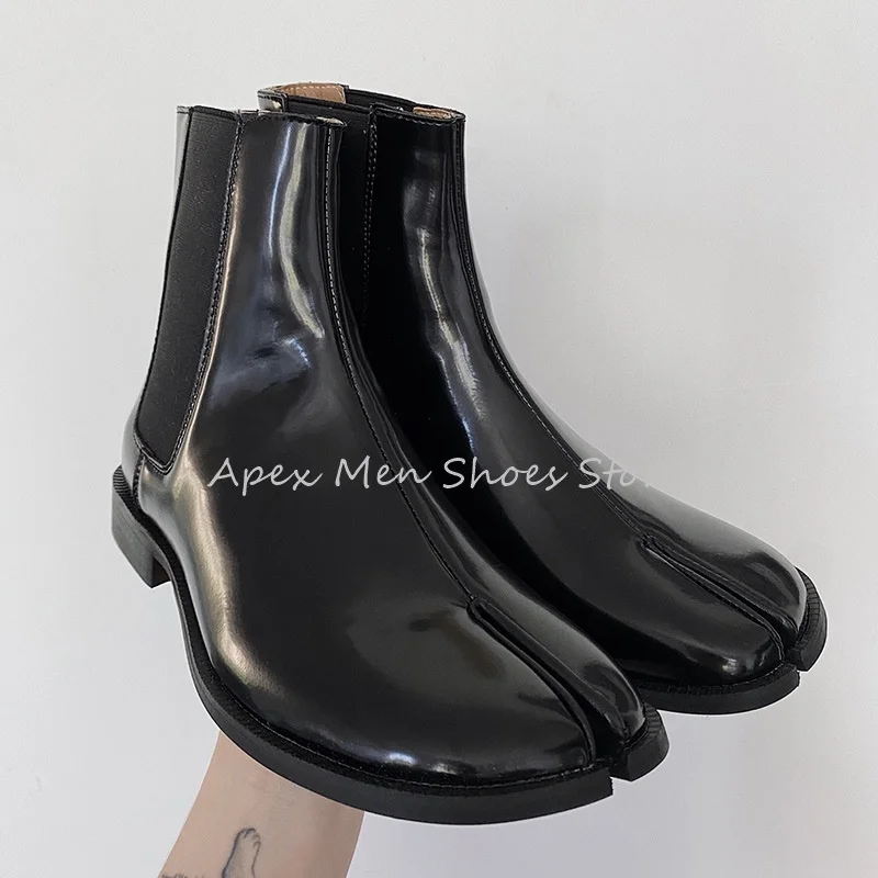 

Korean Style Vintage Split Toe Men's Short Boots Winter Fashion Flat Slip On Black Patent Leather Waterproof Chelsea Boots