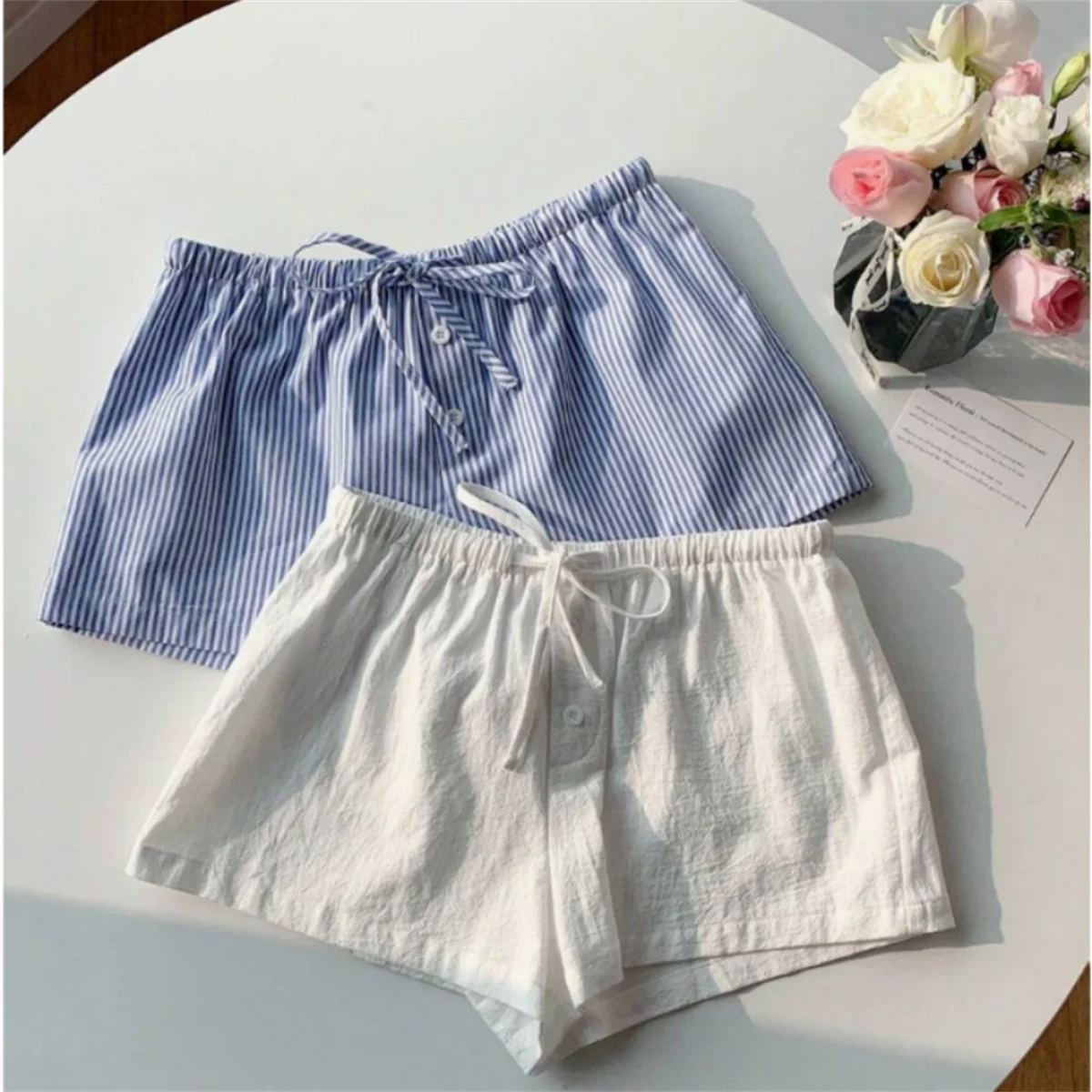 2PC Casual Striped Shorts Women y2k Clothing Drawstring Elastic Waist Loose Fit Wide Leg Bottoms 2000s Aesthetic Streetwear 2026