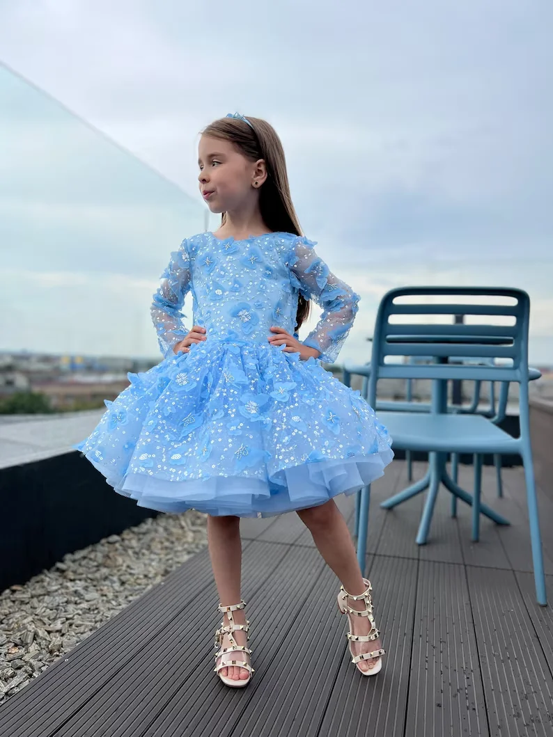 Customized Blue Lovely Flower Girl Dresses For Wedding Sequin Appliques Long Sleeve First Communion Kids Birthday Party Gowns