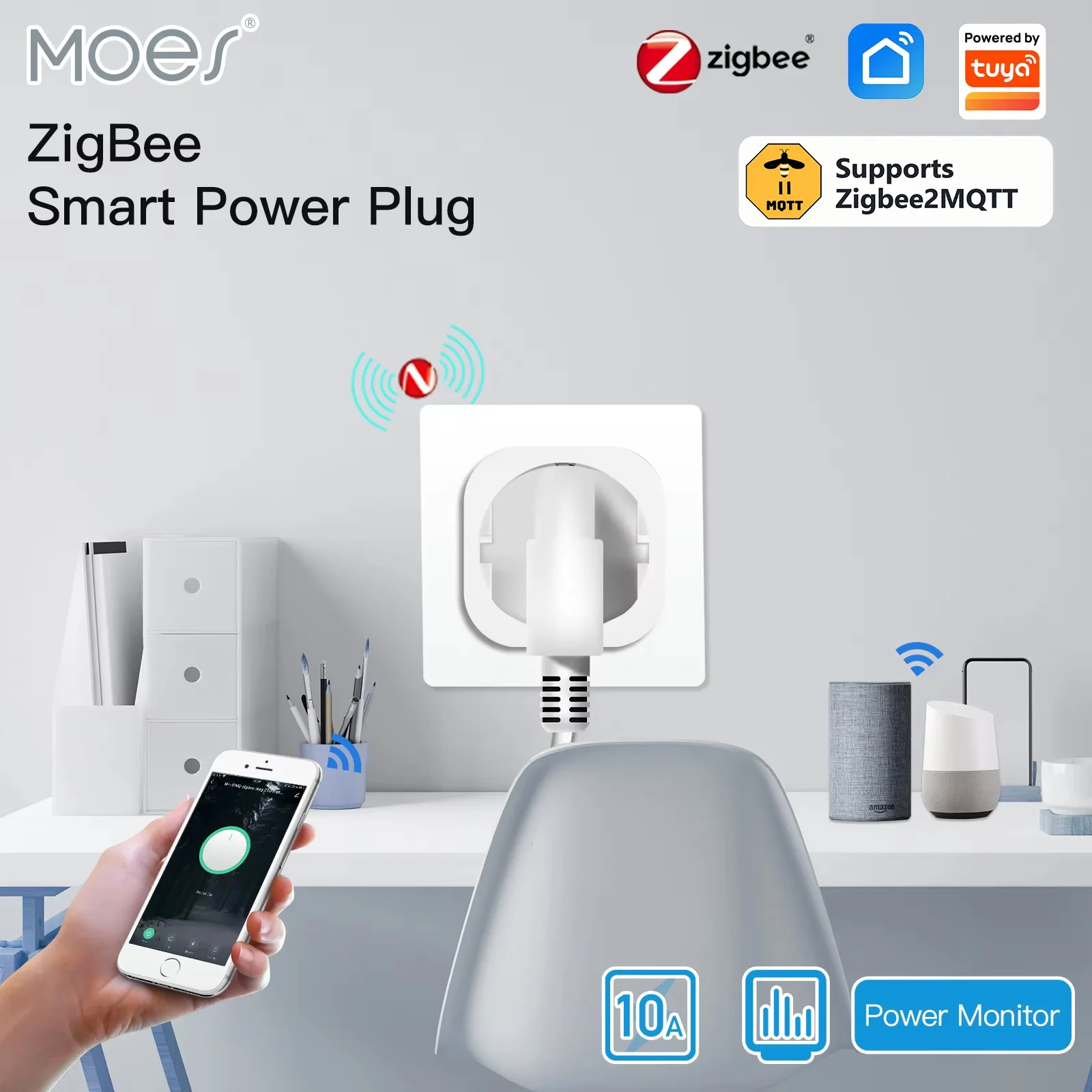 Moes Zigbee2MQTT Tuya Steckdose 16A Smart APP Kabellose Steckdose mit Energiemonitor und Timer, Alexa Google UK EU US