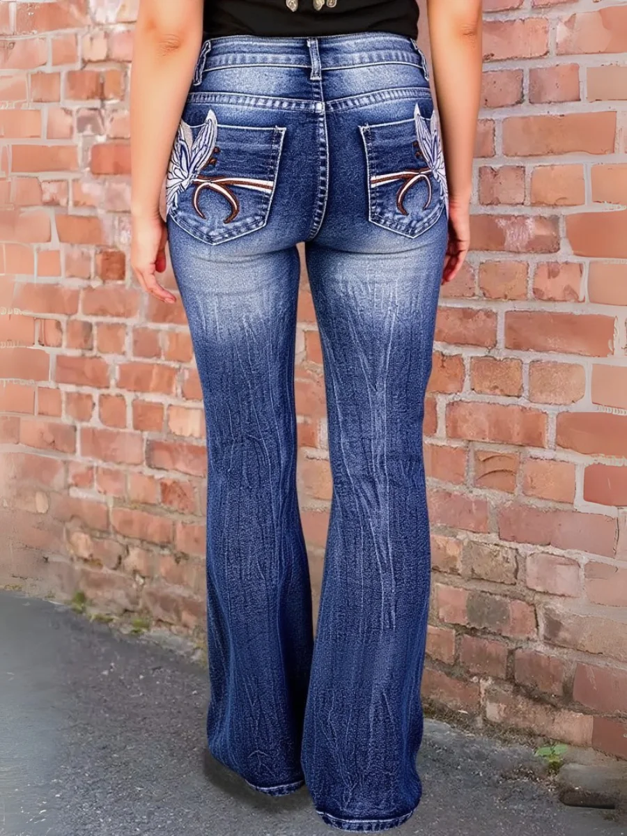 【HME】Casual Jeans with Embroidered Wings Women's Casual Jeans - Embroidered Wings, Back Pocket Details, Beard