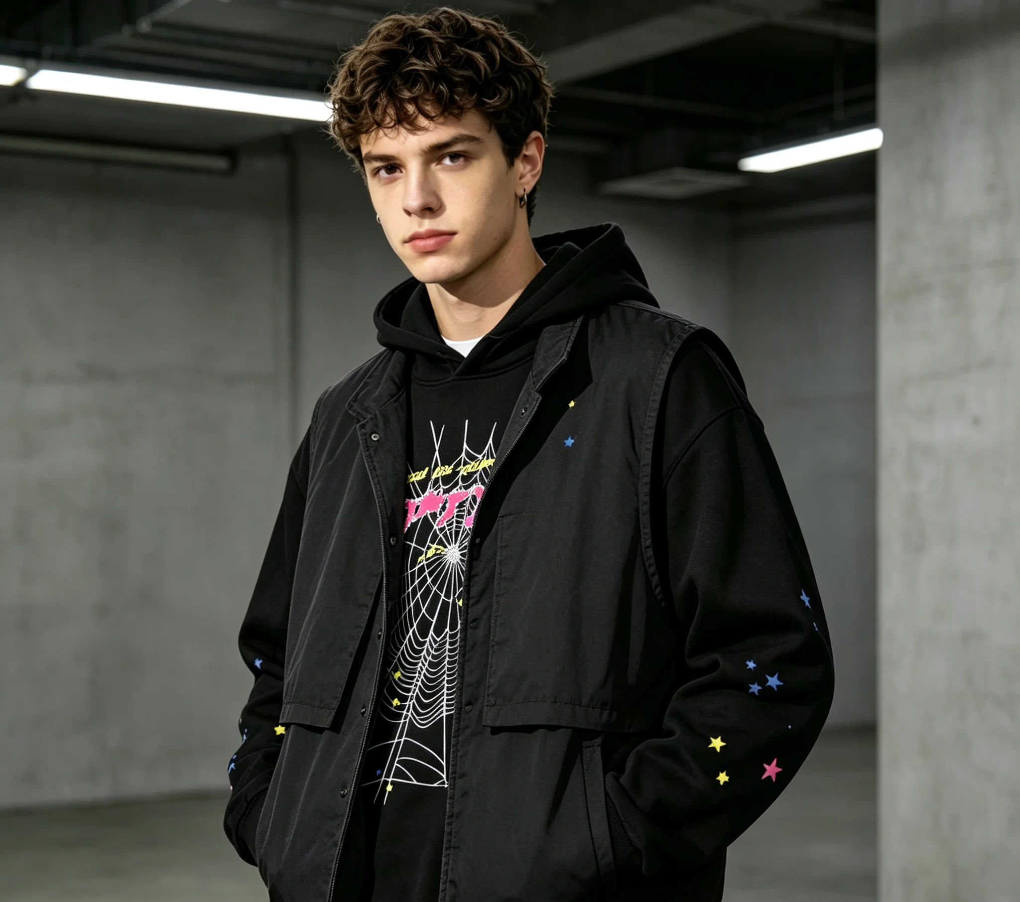 Y2K Spider Web Star Letter Print Hoodie Unisex Oversized Pullover Hooded Sweatshirt Hip‑Hop Streetwear Top