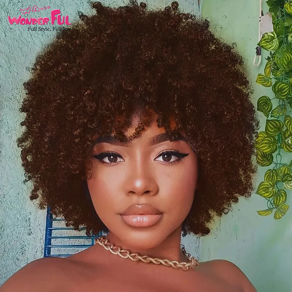 Afro Kinky Curly Human Hair Wigs Short Curly Cut bob With bangs For Black Women Dark Highlight Brown Color Machine Made Cheap