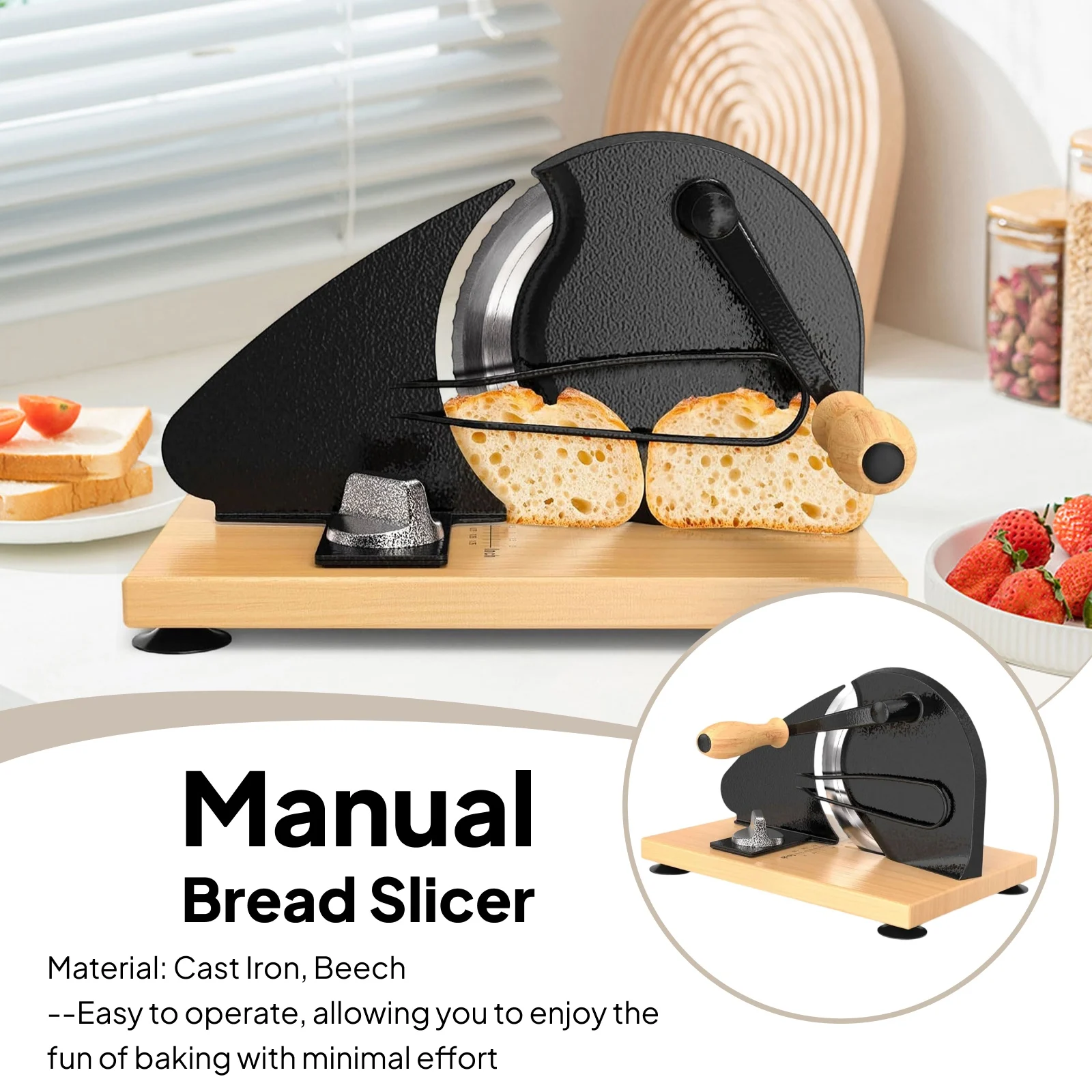 Manual Bread Slicer Cast iron Body and Beech Wood Base Modern Elegant Baking Utensils