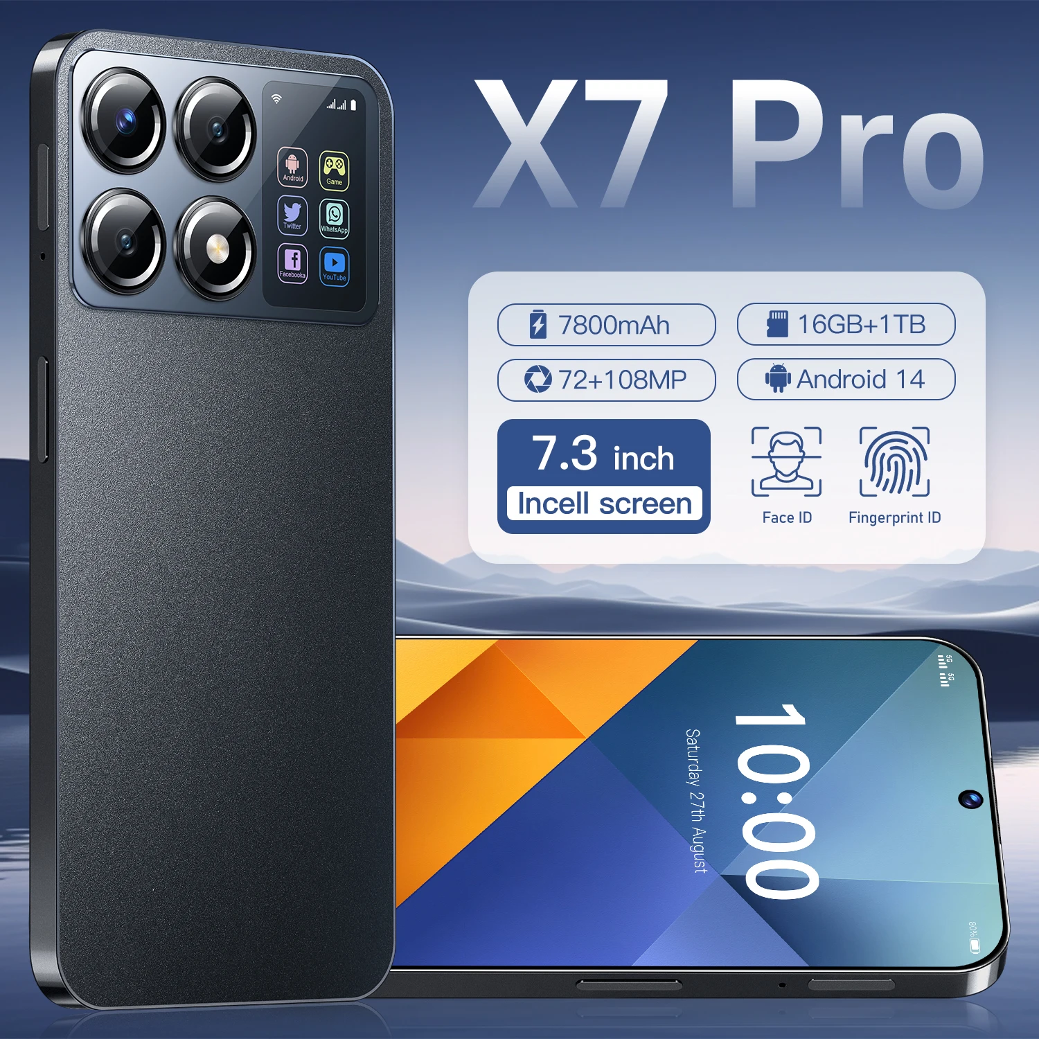 

2025 New Phone X7 Pro Global version Mobile phone 7.3 inch HD 16G+1T Cellphones 5G Original Dual Sim Face Unlocked Android 14