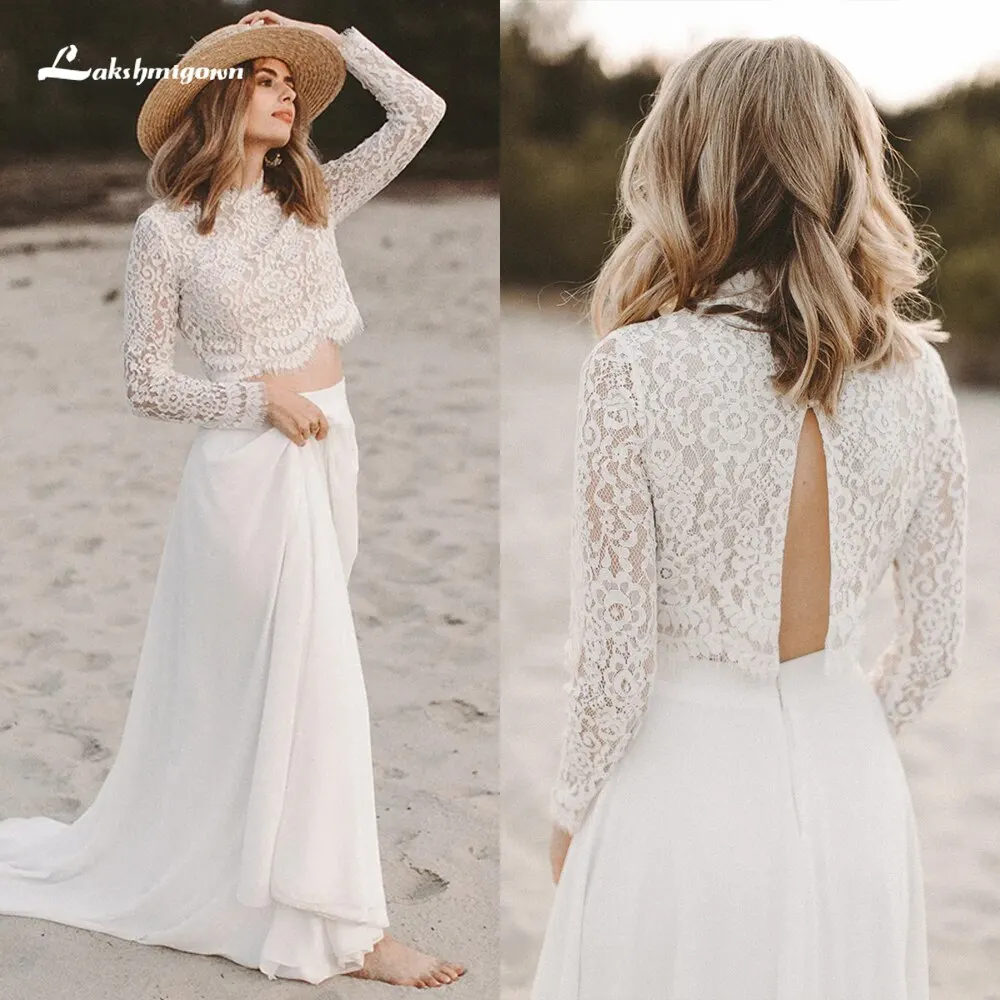 Boho High Neck Full Cap Sleeve Lace Top Chiffon A-Line Wedding Dress For Women Sexy Backless Bridal Gowns Sweep Vestidos Robe