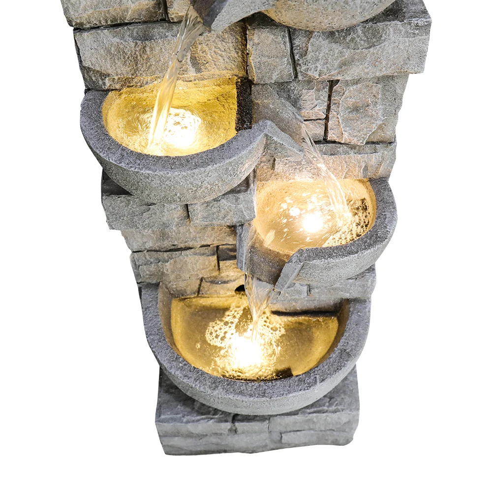 Naturefalls Fuente de cascada interior de 5 niveles con luces LED, fuente exterior de piedra apilada de 39 pulgadas de alto para decoración de jardín