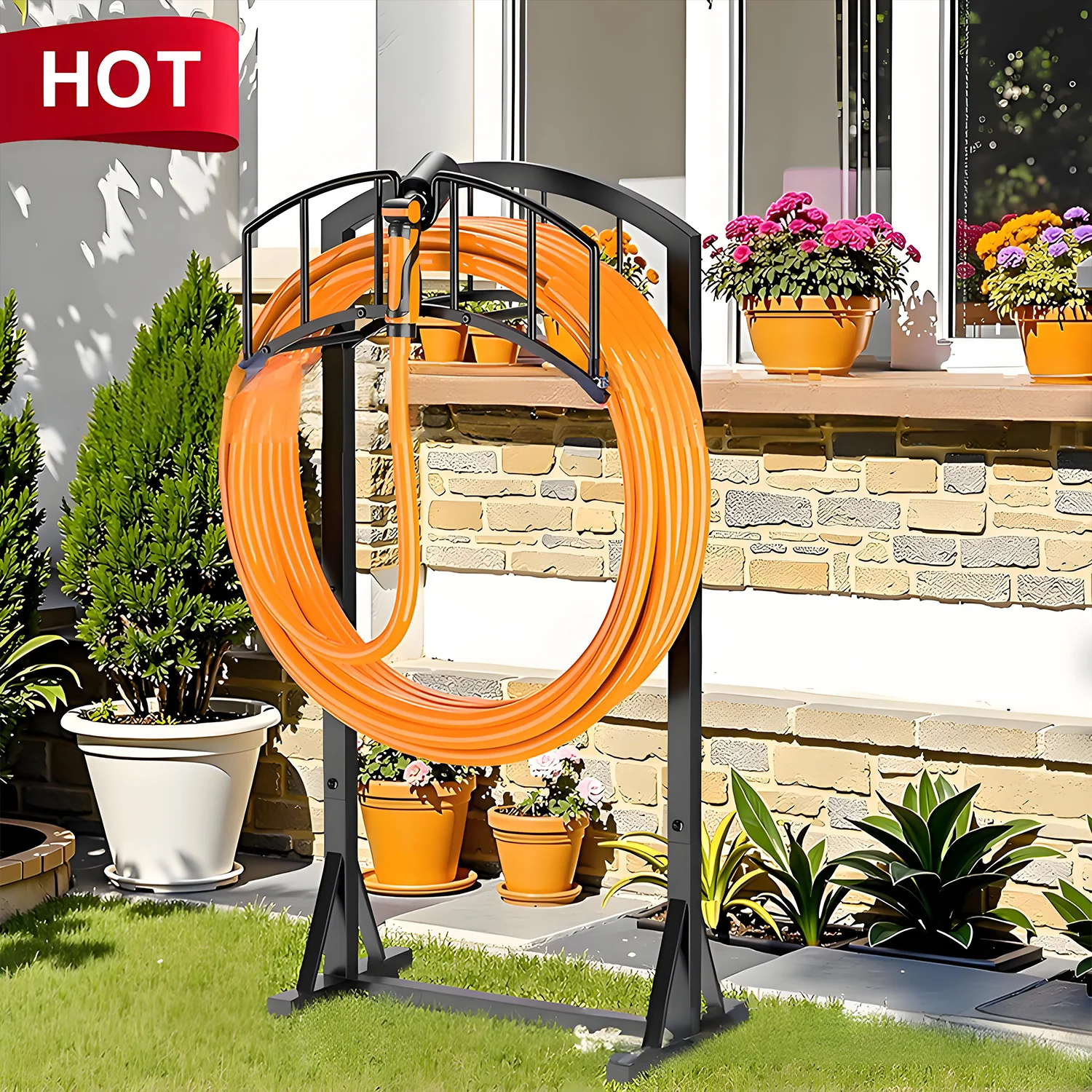 

Garden Hose Holder Freestanding Outdoor - Heavy Duty Water Hose Holders for Outside, Metal Hose Stand with 4 Spikers, Hose Hange
