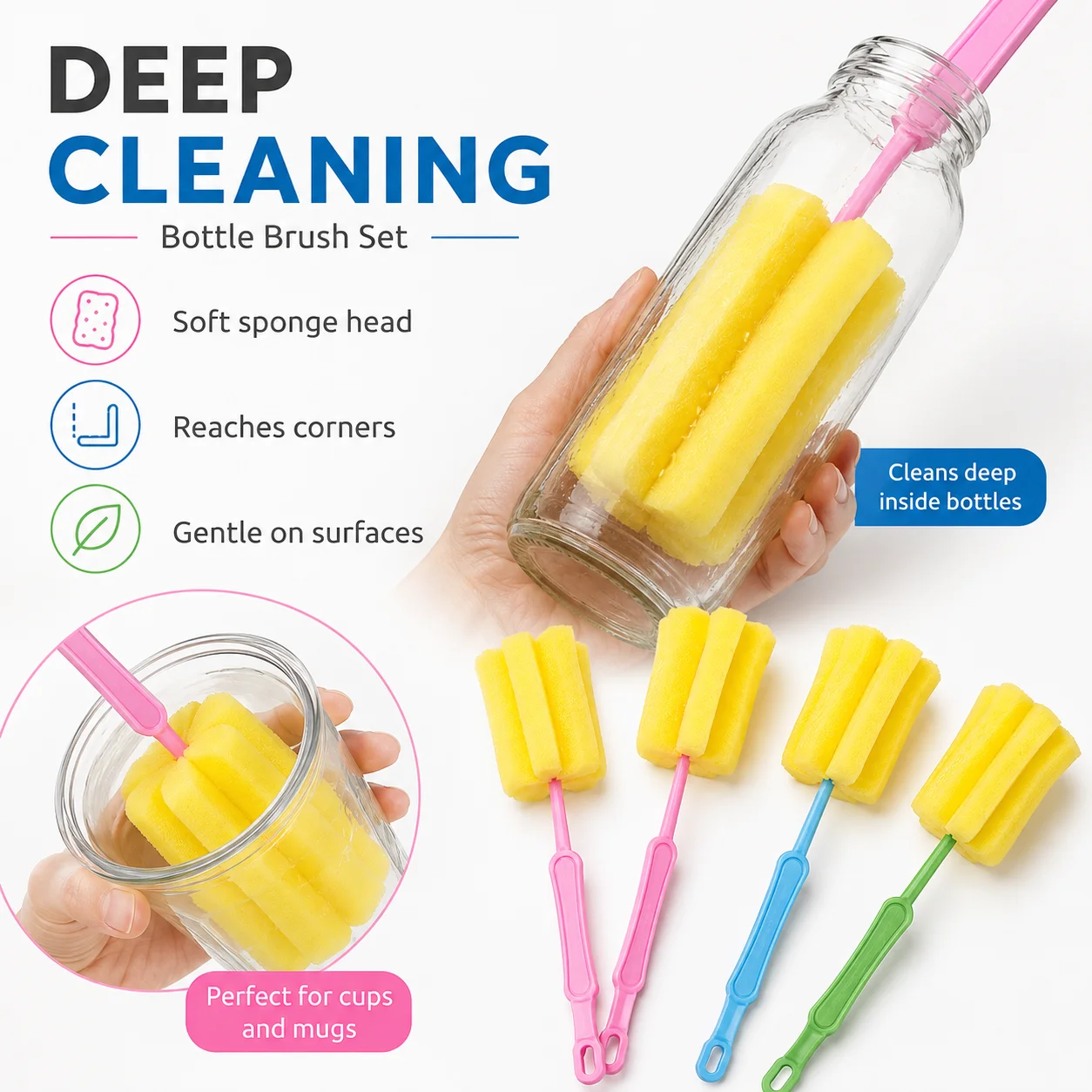 Multi Purpose Bottle Brush with Sponge Head, Long Handle Cleaning Brush for Bottles Cups Kitchen Sink Glassware Baby Bottle and Home Cleaning