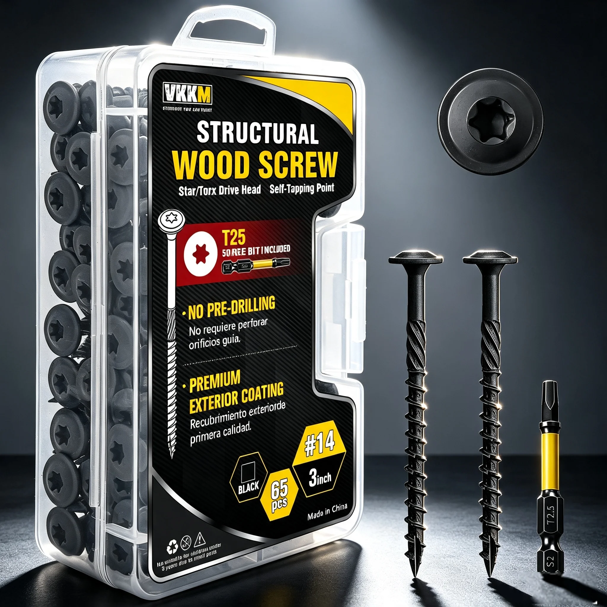 VKKM Black Torx Lag Screws #14 X 3 Inch, 65 PCS Washer Head Structural Wood Lag Screws, No Pre-Drilling, With T25 Bit for Outdoor Timber Construction