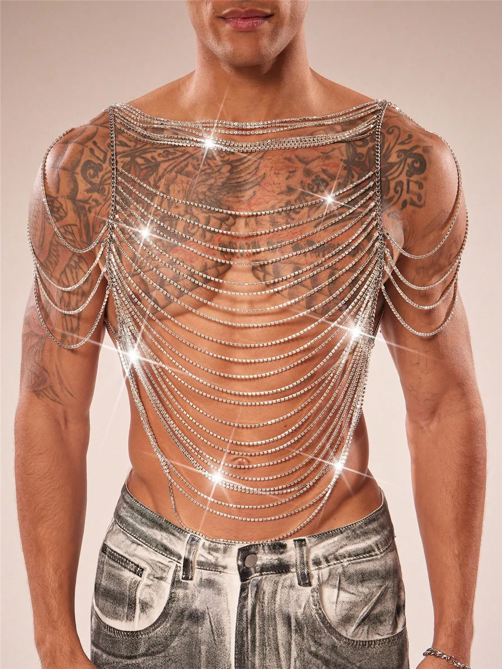 New European And American Men's Body Chain, Punk Multi-Layer Alloy Rhinestone Fashion Chest Chain