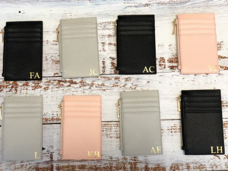 Porte-cartes monogramme personnalisé pour femme, portefeuille minimaliste personnalisé, sac à main imprimé or, cadeau de remerciement pour demoiselle d'honneur